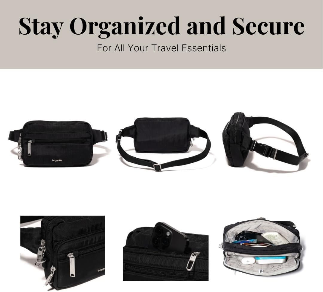 Baggallini Securtex Anti-Theft Belt Fanny Pack for Women RFID Wallet Locking Zipper-Travel Bag Crossbody Purse
