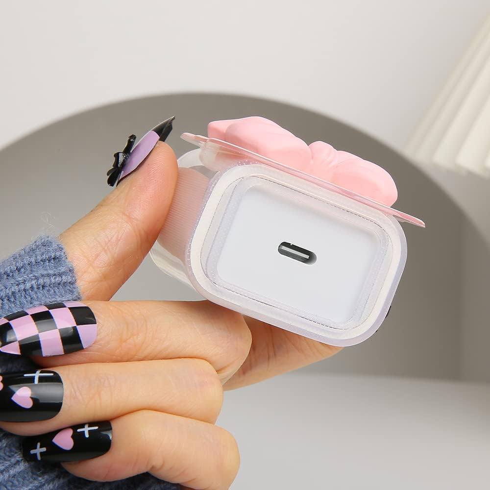 Compatible with iPhone 18W/20W USB-C Charger Cover Cute 3D Bow Tie Design Clear Soft Charger Protector Kawaii Cable Saver for iPhone 11 12 13 14 Pro Max Fast Power Adapter, Pink 2 (5in1)