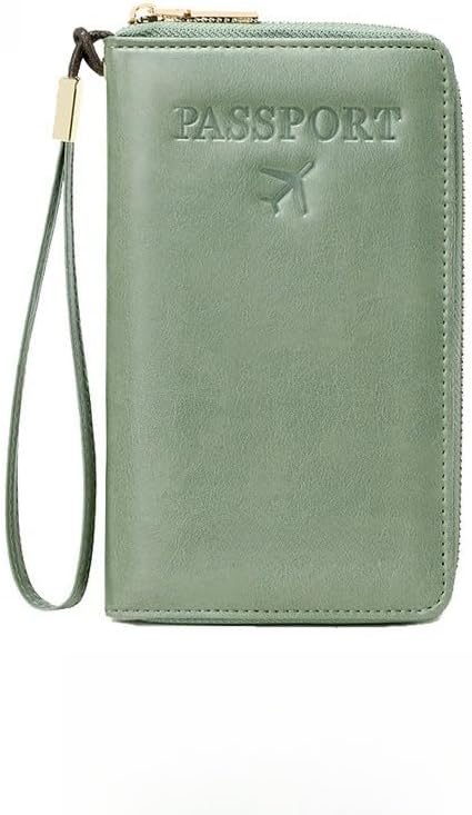 Unisex genuine leather wallet multifunctional RFID travel passport holder with protective cover (Green)