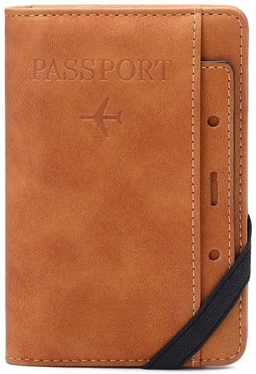 Unisex genuine leather wallet RFID shielding travel passport holder with card slots and pen holder (Brown)