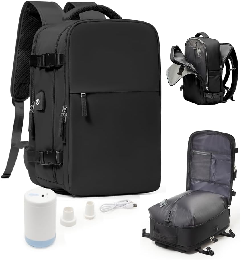 Vacuum Seal Travel Backpack with Air Pump,Compression Vacpack Waterproof Carry On Backpack for Travel Women men with Vacuum System,Airlines Approved Daypack Laptop Space Saver Bags,Black