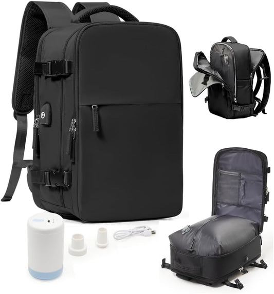 Vacuum Seal Travel Backpack with Air Pump,Compression Vacpack Waterproof Carry On Backpack for Travel Women men with Vacuum System,Airlines Approved Daypack Laptop Space Saver Bags,Black