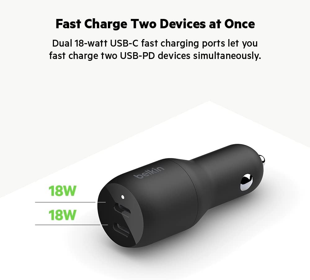 Belkin 36-Watt Dual-USB Car Charger - Power Delivery 2 18W USB-C Ports with PPS Charging Apple iPhone 14, 14 Pro, 14 Pro Max, iPhone 13, 13 Pro, 13 Pro Max Samsung Galaxy, AirPods - USB-C Charger