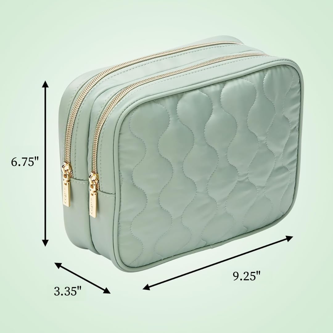 Conair Double-Zip Toiletry Travel Bag, Travel Makeup Bag Organizer, 2 Zippered Compartments, Easy to Clean, 1 Count, Sage Green