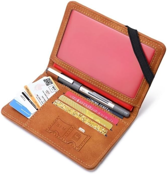 Unisex genuine leather wallet RFID shielding travel passport holder with card slots and pen holder (Brown)