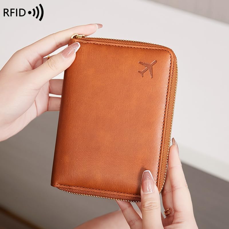 Genuine Leather Wallet Unisex Zipper Passport Holder RFID Blocking Waterproof - Vintage Travel Wallet (Brown)