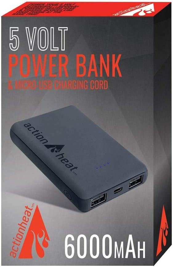 ActionHeat Portable 5V Power Bank 6000mAh Kit – Lithium-Polymer Rechargeable Battery Pack for Heated Clothing and Charging Tablets, Smartphones – Black