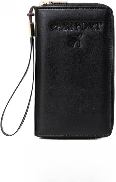 Unisex genuine leather wallet multifunctional RFID travel passport holder with protective cover (Black)