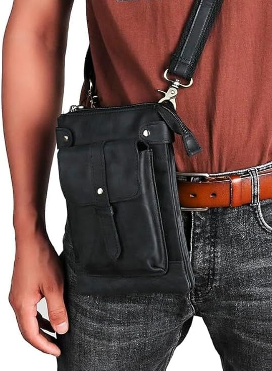 Men's Genuine Leather Small Messenger Shoulder Satchel - Adjustable Waist Bag