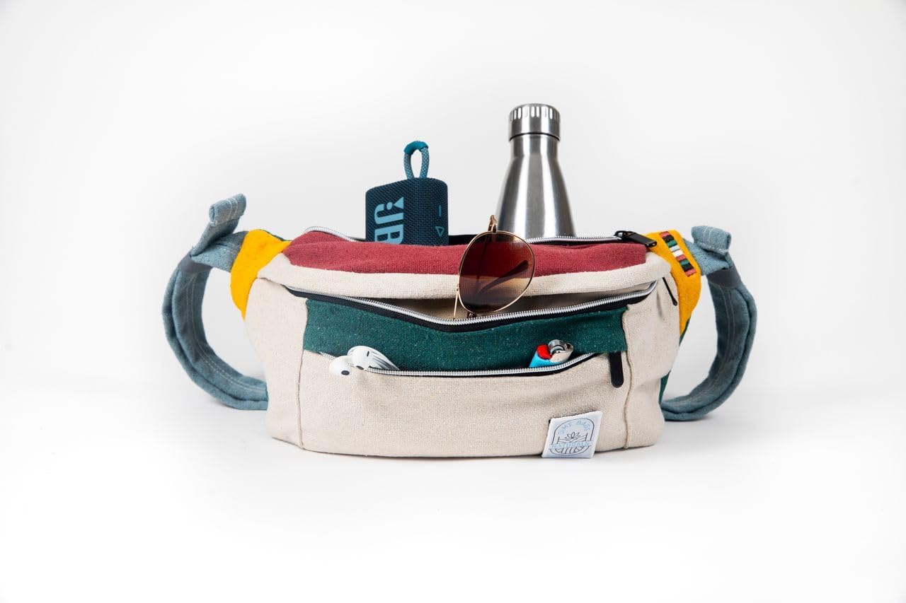 Dime Bags Oversized Fanny Pack, 100% Nepali Hemp Crossbody Waist Bag for Men & Women, Adjustable Strap, Multiple Pockets, Eco-Friendly Festival & Travel Bag,Boho & Neutral Colors, Reveller(Boho Cream)