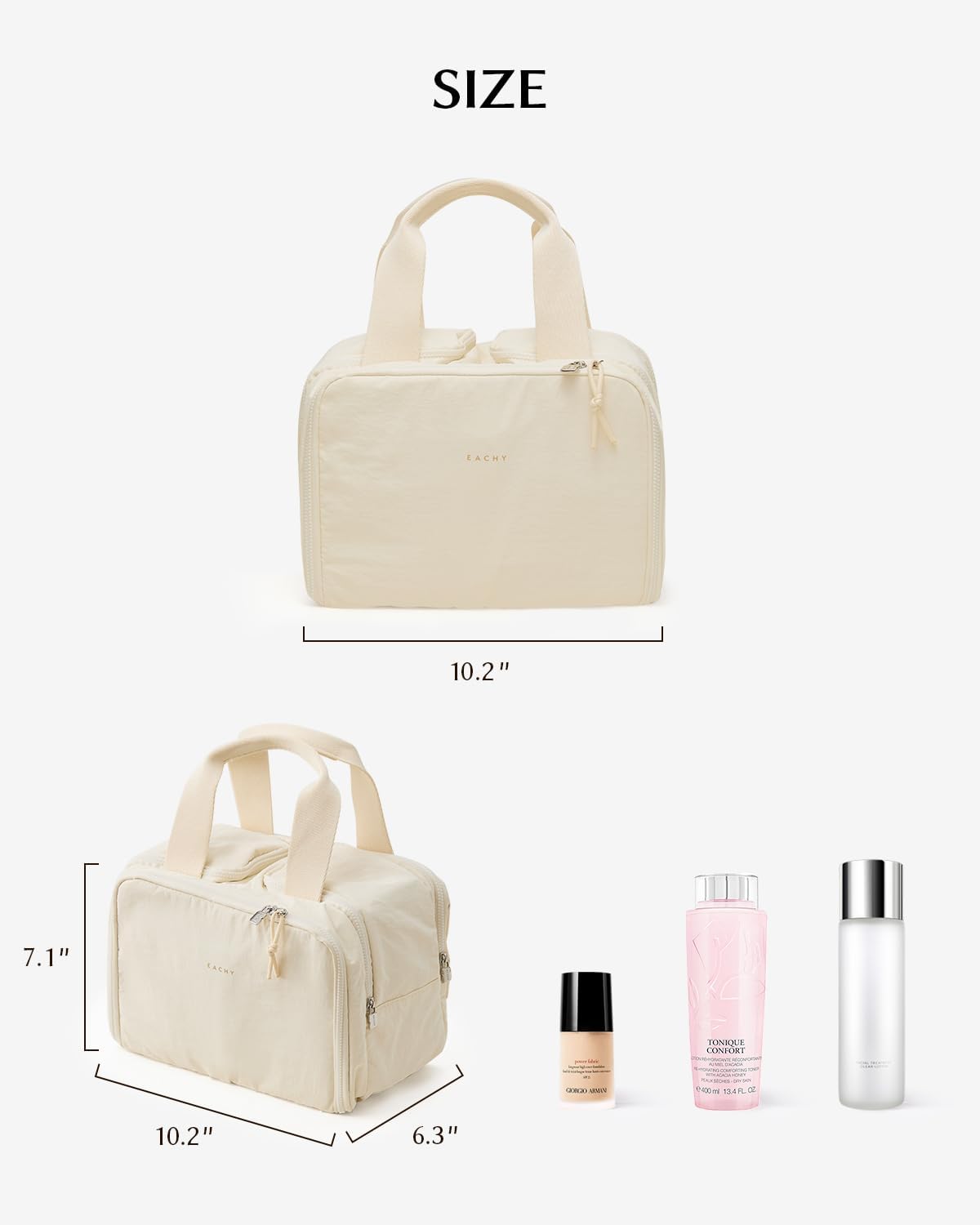 EACHY Travel Toiletry Bag, Puffy Cosmetic Makeup Organizer with Handle, Lightweight Large Wide-Open Travel Bags for Women, Essentials Accessories Toiletries (Beige)