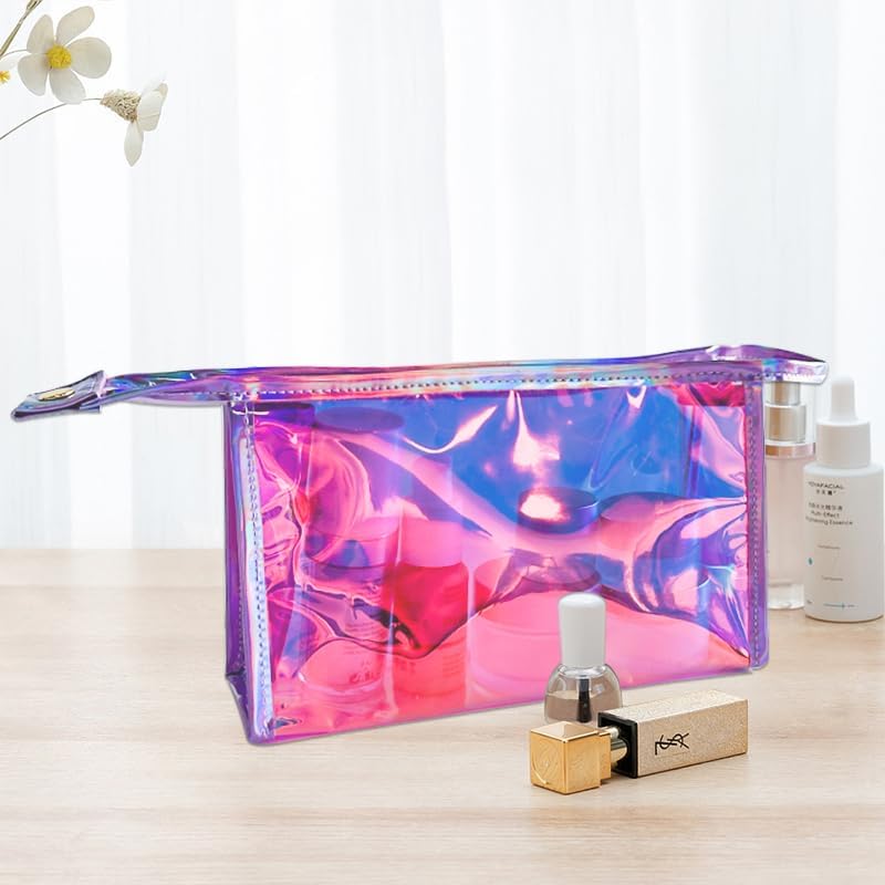 Pink Transparent Laser Cosmetic Bag Iridescent Holographic Waterproof PVC Makeup Organizer Bag for Women (Pink)