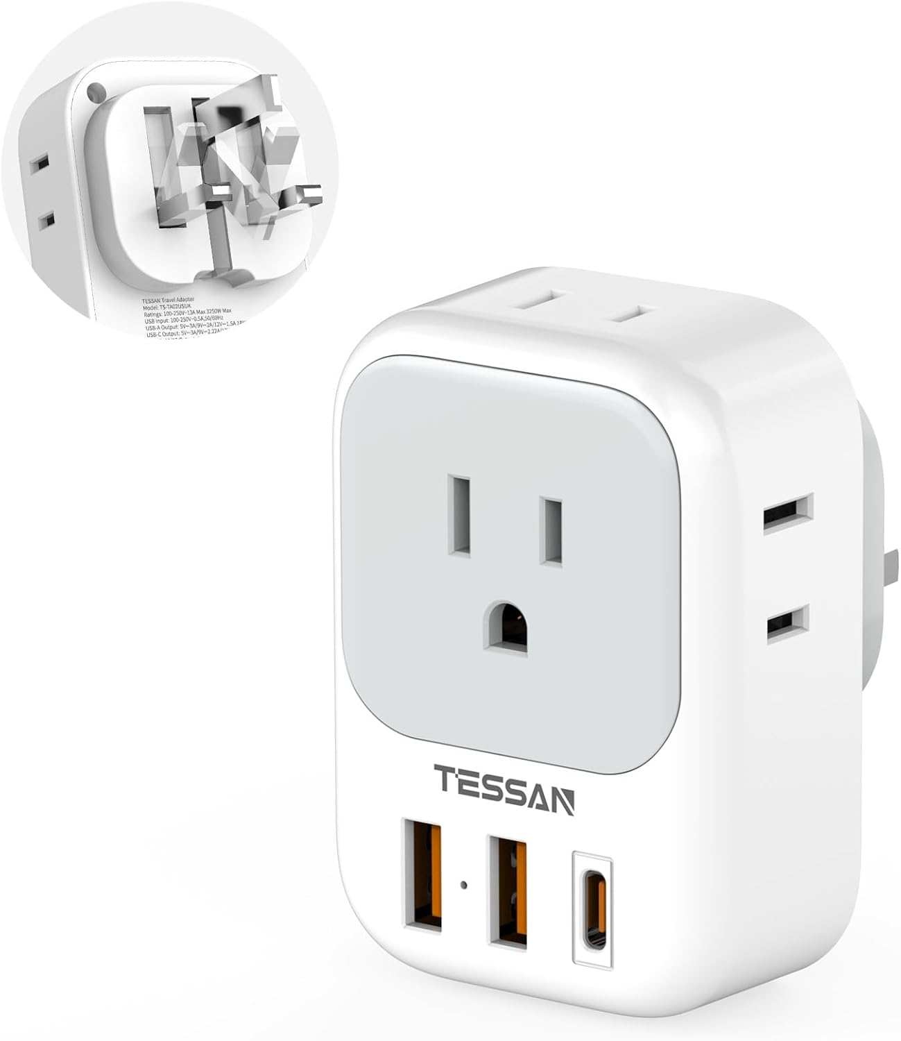 US to UK Plug Adapter, TESSAN UK Adapters for Travel, Foldable Plug with 4 Outlets 3 USB (PD 20W 1 USB C), Type G Power Adaptor for USA to Ireland Scotland England London Hongkong Dubai Irish