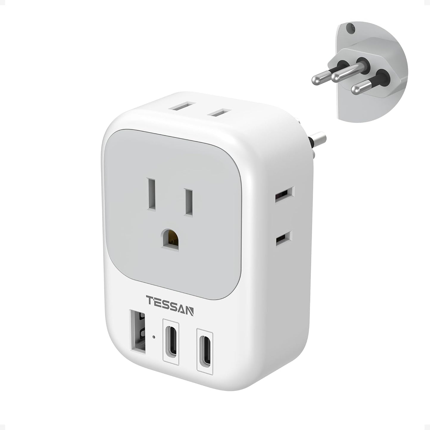 TESSAN Brazil Power Adapter, 7 in 1 US to Brazil Adapter Plug with 3 USB Ports (2 USB C) 4 American Outlets, Type N Travel Adaptor for USA to Brazilian Brasil