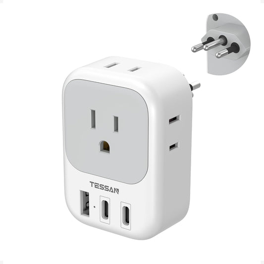 TESSAN Brazil Power Adapter, 7 in 1 US to Brazil Adapter Plug with 3 USB Ports (2 USB C) 4 American Outlets, Type N Travel Adaptor for USA to Brazilian Brasil