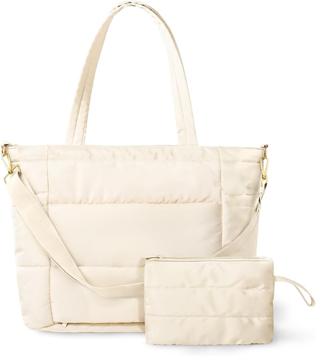 Puffer Tote Bag for Women, Lightweight Quilted Work Purse with Phone Pocket Fits 15.6" Laptop for Nurse Teacher Travel