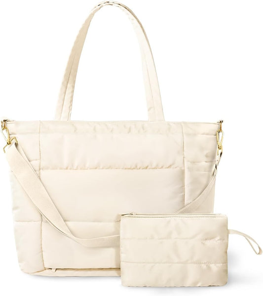 Puffer Tote Bag for Women, Lightweight Quilted Work Purse with Phone Pocket Fits 15.6" Laptop for Nurse Teacher Travel