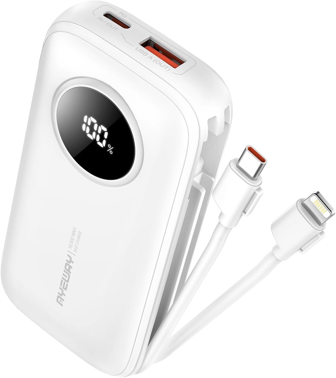 Ayeway Small Power Bank with Built-in Cable,10,000mAh USB C Fast Charge Battery Pack Portable Charger with 4 Output,Lightweight External Backup Battery Phone Charger for iPhone,Samsung,5V Heated Vest