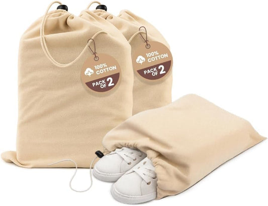 LFH Cotton Shoe Storage Bags with Drawstring, Dustproof Breathable Reusable Organizer, Perfect For Travel, Dorm, Hotel, College, Gym, Easy to Carry, Machine Washable 12"x17" (Pack of 2) - Natural
