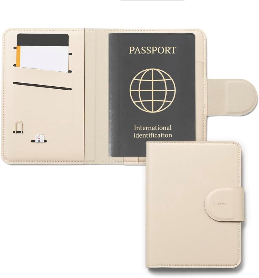 LHiDS Leatherette Passport Holder with RFID Protection, Premium PU Leather, Snap Button Closure, Travel Passport Wallet Cover for Passport, Boarding Passes, Business Cards, Cash (Apricot)