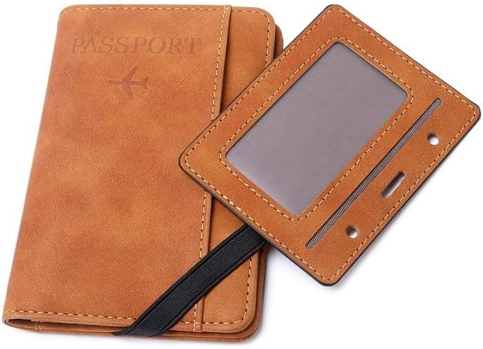 Unisex genuine leather wallet RFID shielding travel passport holder with card slots and pen holder (Brown)