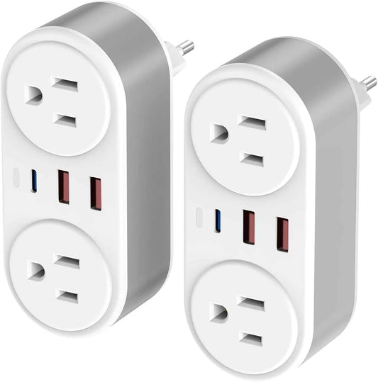 2 Pack European Travel Plug Adapter, CHUAFIUR US to Europe Plug Adapter with 2 Outlets 3 USB Charging Ports, PD 20W Fast Charger with Type C Travel Essentials to Most EU Spain Italy France Germany