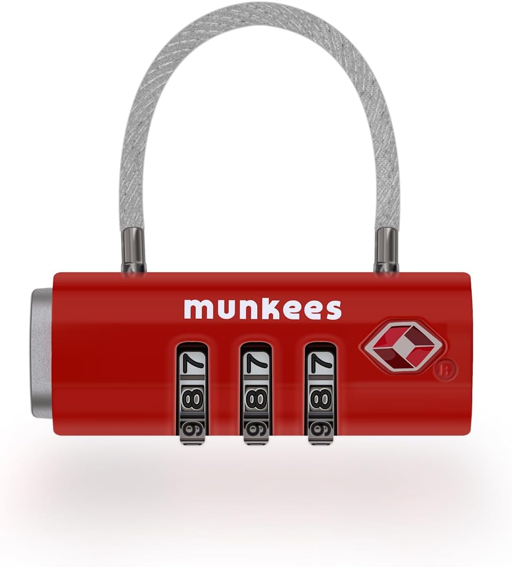 munkees TSA Approved Luggage Lock, 3-Digit Combination, Metal Construction (Red)