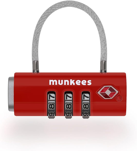 munkees TSA Approved Luggage Lock, 3-Digit Combination, Metal Construction (Red)
