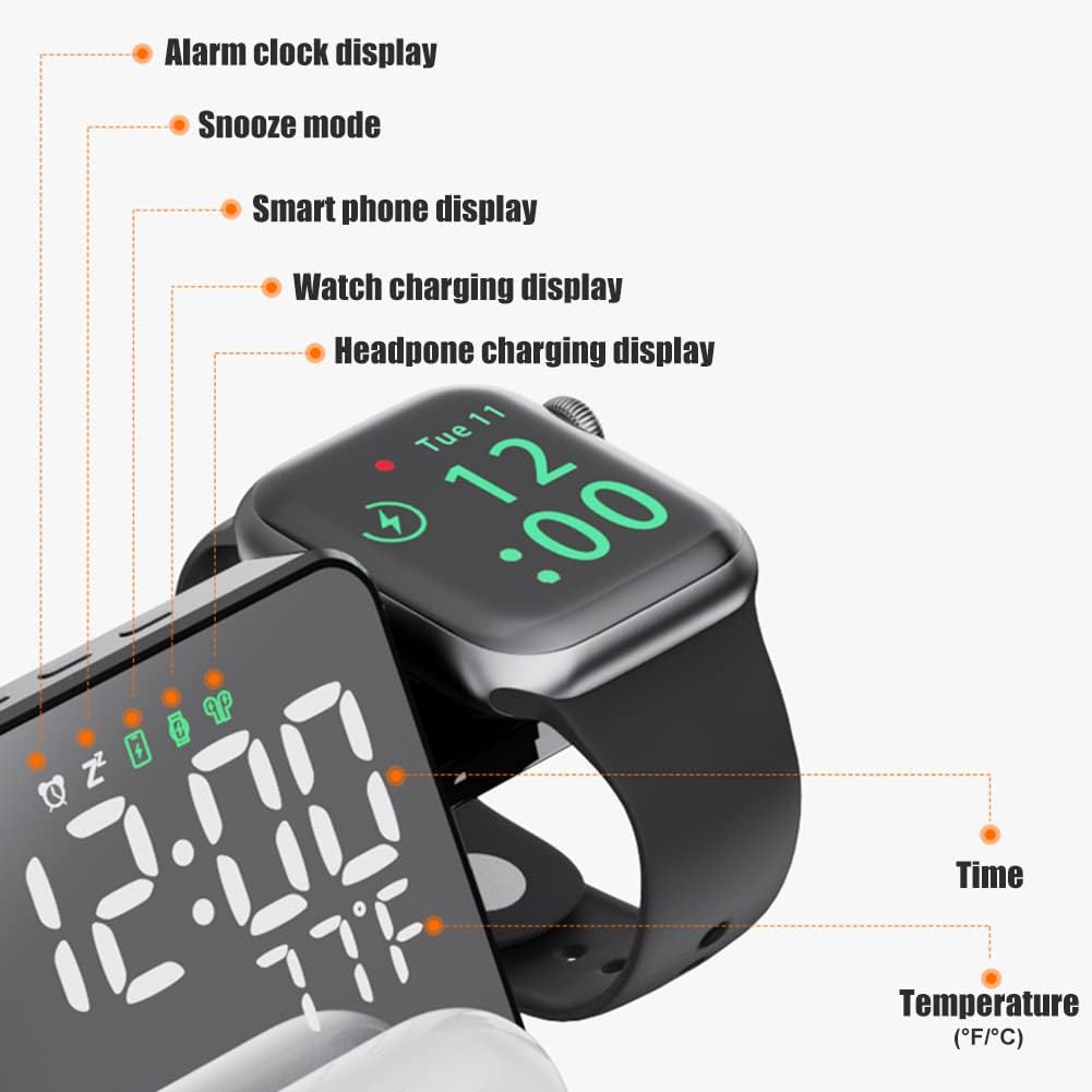 4-in-1 Wireless Charging Station for Apple Devices, 18W Fast Charge Wireless Charger Alarm Clock and Temperature Display, Wireless Charger Stand for iPhone 16 15 14 13 12, Apple Watch