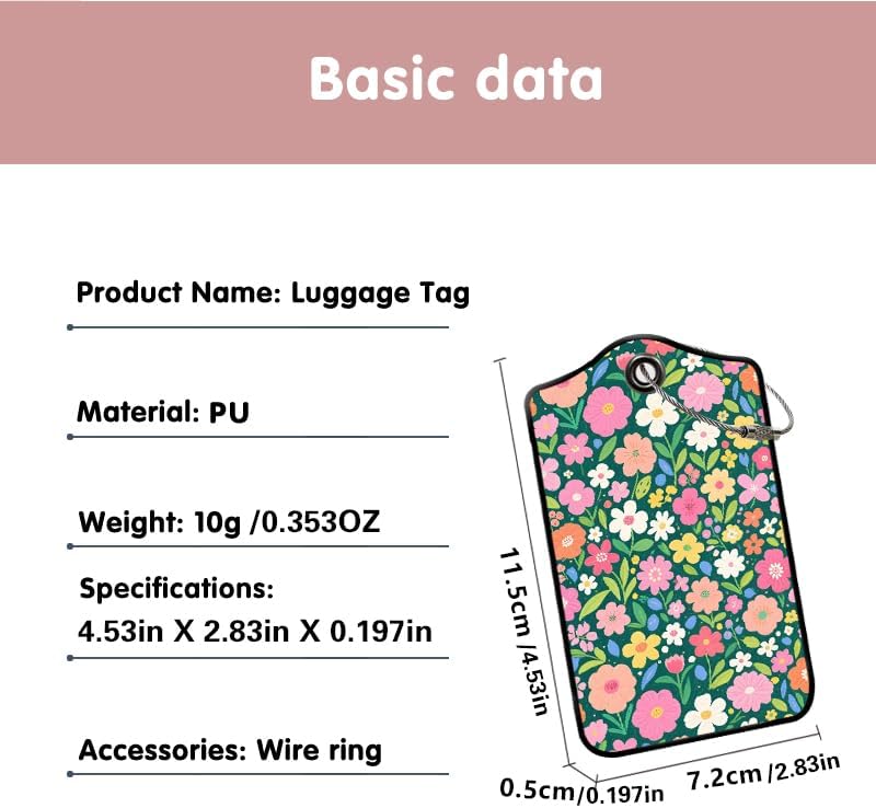 2 Pack Wildflower Leather Luggage Tags for Suitcases, Travel Bag Tags with Privacy Cover ID Label with Stainless Steel Loop for Women Men Girls Backpack Gift (Green Pink)