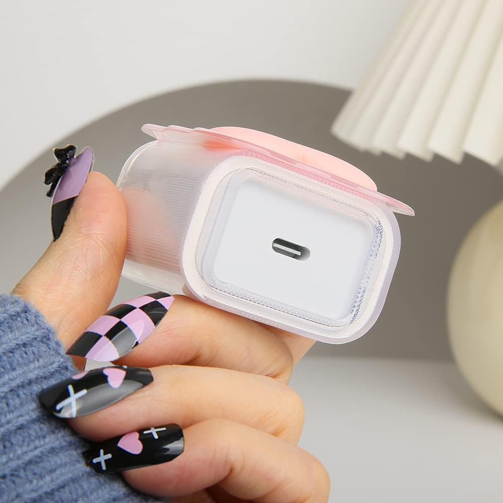 Compatible with iPhone 18W/20W USB-C Charger Cover Lovely 3D Love Heart Waves Clear Soft Charger Protector Cute Cable Saver for iPhone 11 12 13 14 Pro Max Fast Power Adapter, Pink 1 (5in1)