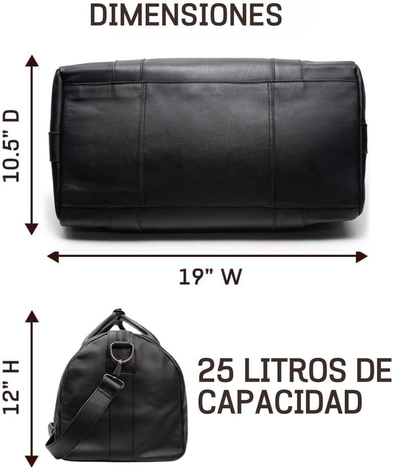 Full Grain Leather Duffle Bag – 25L Travel, Gym & Carry-On Weekender for Men | Handcrafted Overnight Bag with Brass Hardware, Black Style