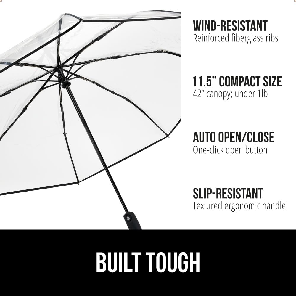 GORILLA GRIP Strong Windproof Stick Compact Umbrella for Rain, One-Click Automatic Open and Close, Durable Quick Dry Waterproof Material, Lightweight and Portable, Travel Size Fits Backpack, Clear