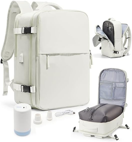 Vacuum Seal Travel Backpack with Air Pump,Compression Vacpack Waterproof Carry On Backpack for Travel Women Men with Vacuum System,Airlines Approved Daypack Laptop Space Saver Bags,MoonWhite