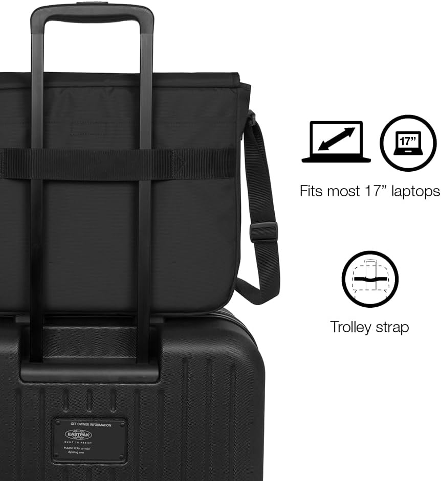 EASTPAK Delegate + – 20L Weatherproof Shoulder Bag with 17" Laptop Sleeve, Trolley Strap, Reflective Details, Adjustable Padded Strap, Tarp Black