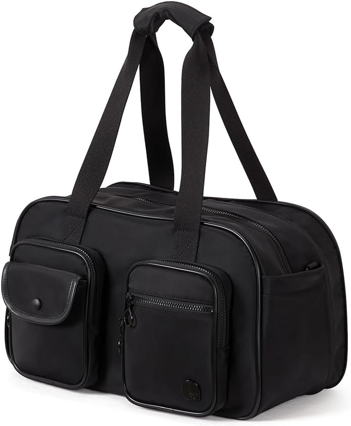 Aji Expandable Travel Duffel Bag, Elegant Black Duffle Bag for Travel with Wet Pocket, Carry on Weekender Bags for Men Women, Water Resistant Gym Duffel Bag Sport Bag