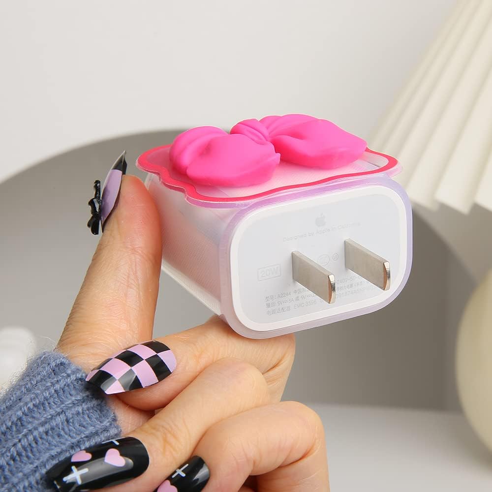 Compatible with iPhone 18W/20W USB-C Charger Cover Cute 3D Bow Tie Design Clear Soft Charger Protector Kawaii Cable Saver for iPhone 11 12 13 14 Pro Max Fast Power Adapter, Rose 2 (5in1)