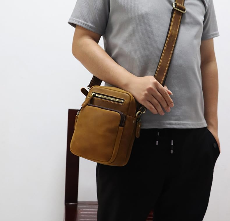 Versatile Cowhide Small Messenger Bag for Men - Convertible Shoulder Satchel & Waist Fanny Pack with Phone Pouch