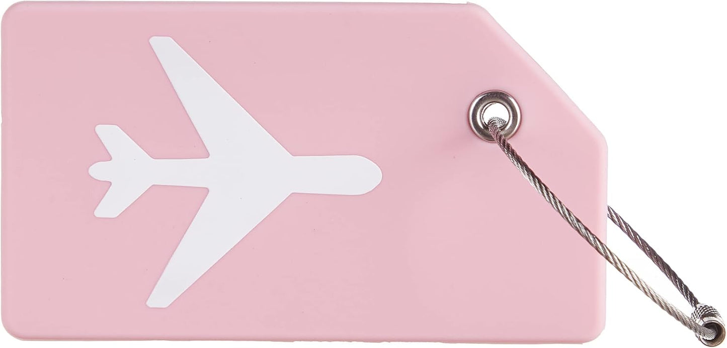 Gostwo 2 Pack Silicone Luggage Tags for Suitcases, 26 Initial Letter Baggage Labels Handbag School Bag Suitcase Instrument Tag with Stainless Steel Loop(Pink)(Airplane)