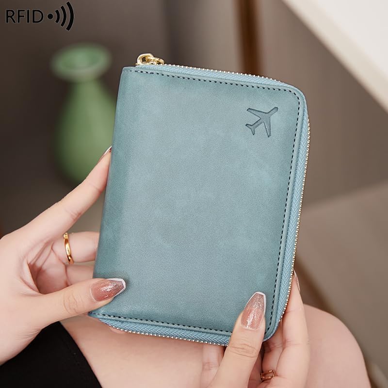 Genuine Leather Wallet Unisex Zipper Passport Holder RFID Blocking Waterproof - Vintage Travel Wallet (Light blue)