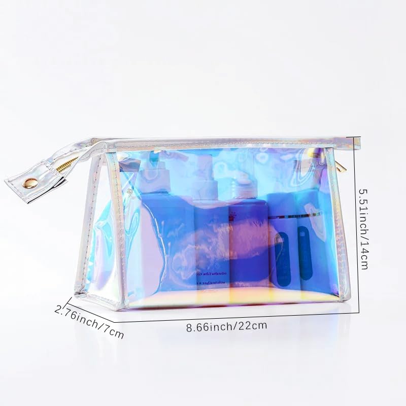 Holographic Transparent Laser Cosmetic Bag TSA Approved Travel Essentials Purse Organizer Bag Iridescent Waterproof PVC Makeup Bag for Women (Rainbow color)