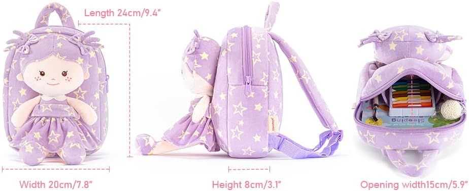 Onetoo Toddler Backpacks Back to School Gifts for Girls Kids Backpack with Soft Tanned Baby Dolls in Purple Star Dress 9"