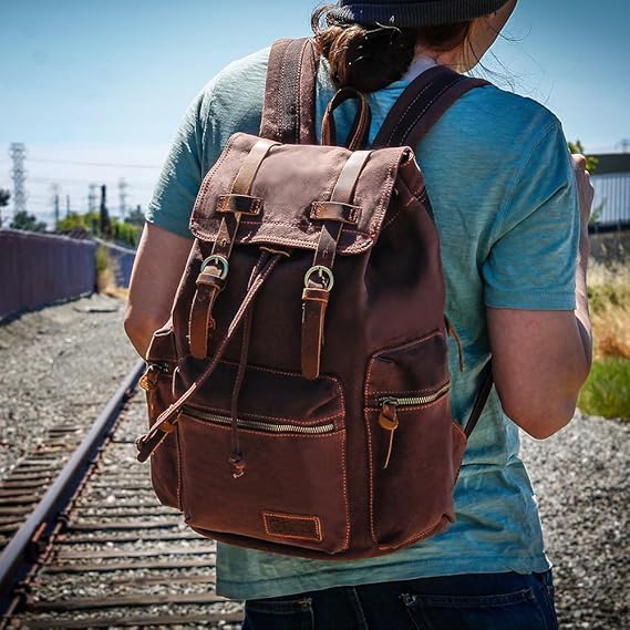 GEARONIC Vintage Canvas Backpack, Casual Daypack Backpacks for Men Women, 15inch Laptop Bag Travel Hiking Camping Rucksack