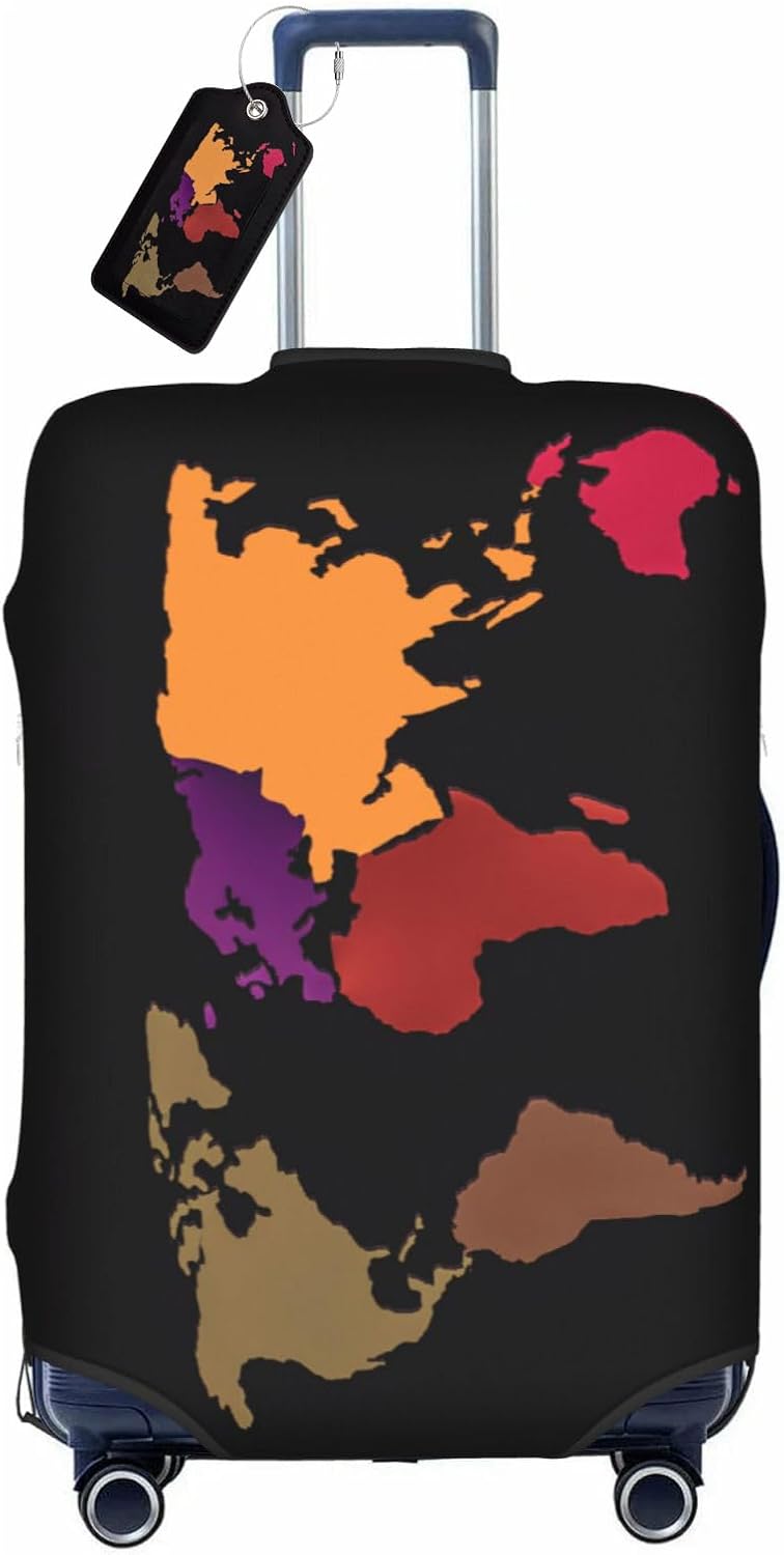World Map Luggage Cover for Suitcase and Luggage Tag Combination, Elastic Washable Anti-Scratch Protector, Travel Birthday Gift for Men Women (S 18-21 Inch Luggage)