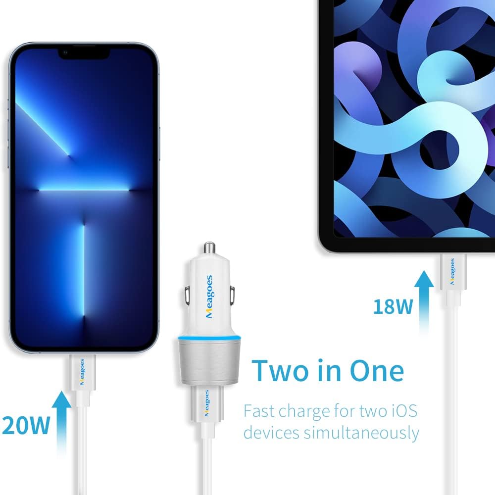 Fast USB C Car Charger, Meagoes 20W PD Rapid Charging Adapter Compatible for Apple iPhone 14 Pro Max/14 Pro/14 Plus/14/13/12/Mini/11/XS/XR/X/8 Plus/SE 3-3.3ft MFi Certified Type C to Lightning Cable