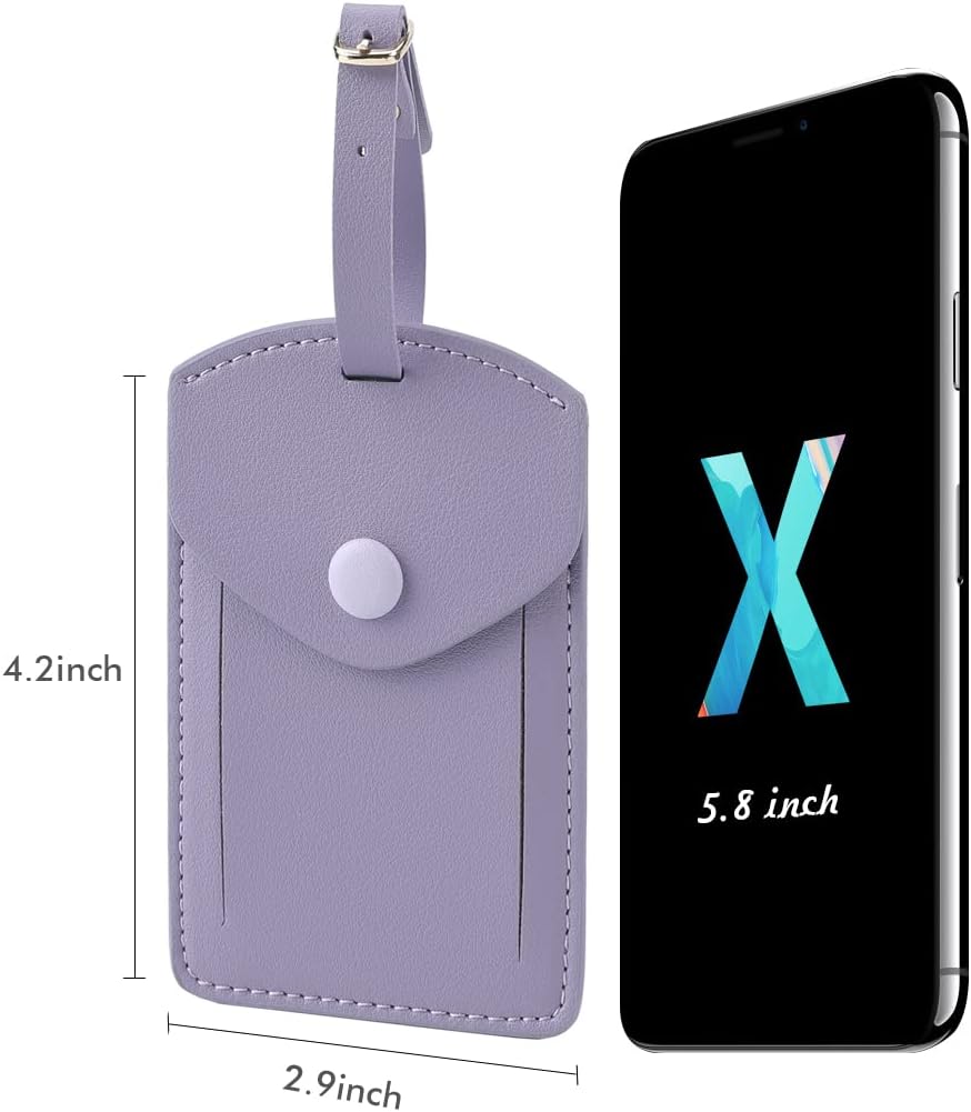 Kevancho Leather Luggage Tags for Men Women, Suitcase Labels Baggage Bag Tag ID Tags with Full Back Privacy Cover for Cruise Ships, Travel Accessories Tags Set of 2 PCS (Purple)