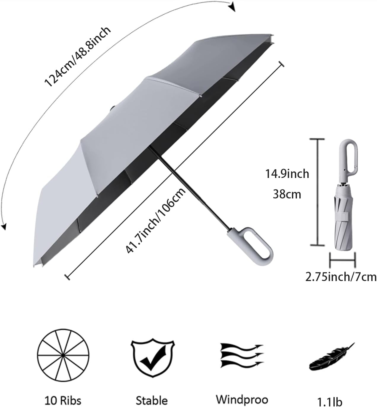 Travel Folding Golf Umbrella 10 Ribs Automatic Open/Close,Lightweight Compact Portable Backpack Car Parasol Outdoor,Sun/Rain,Anti 99 UV Protection UPF 50,Men Women Carabiner Handle Design