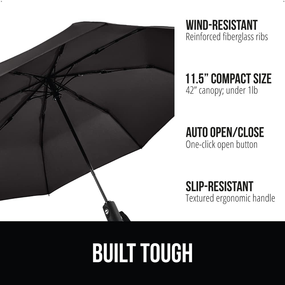 GORILLA GRIP Strong Windproof Stick Compact Umbrella for Rain, One-Click Automatic Open and Close