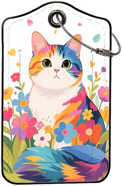 2 Pack Cute Cat Leather Luggage Tags for Suitcases, Travel Bag Tags with Privacy Cover ID Label with Stainless Steel Loop for Women Men Girls Backpack Gift (Colorful)