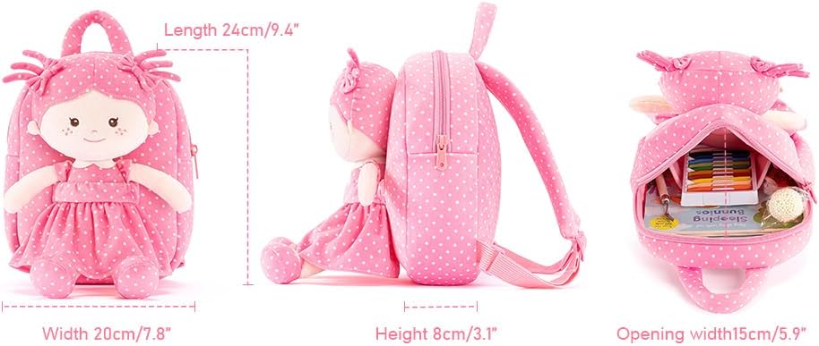 Onetoo Toddler Backpack Back to School Gifts for Girls Kids Backpacks with Soft Light Baby Dolls in Rose Red Polka Dots Dress 9"